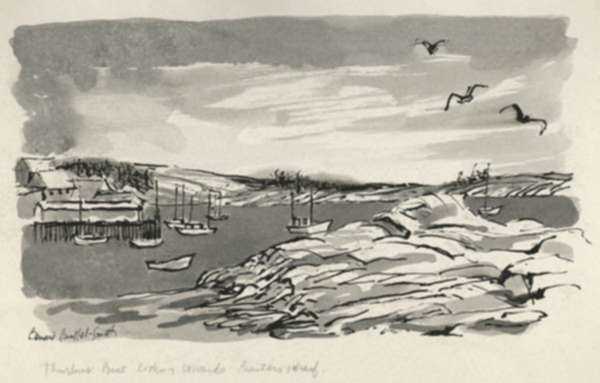 Drawing by Bernard Brussel-Smith: Thurlows Point Looking Towards Barters Wharf [Deer Isle, Mai, represented by Childs Gallery