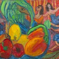 Painting by Betty Herbert: [4 Women with Green Bananas, Mangoes, Peppers], represented by Childs Gallery