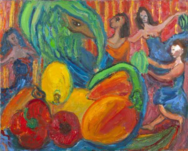 Painting by Betty Herbert: [4 Women with Green Bananas, Mangoes, Peppers], represented by Childs Gallery