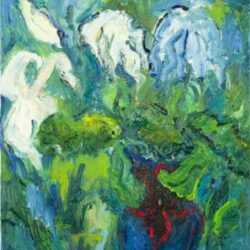 Painting by Betty Herbert: Blue Vase and Lillies, represented by Childs Gallery
