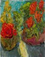 Painting by Betty Herbert: Five Red Flowers, represented by Childs Gallery