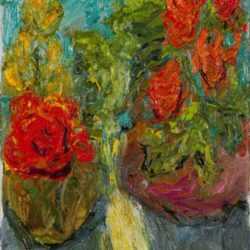 Painting by Betty Herbert: Five Red Flowers, represented by Childs Gallery