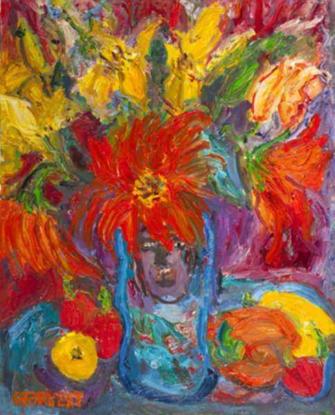 Painting by Betty Herbert: Flowers, Peppers and Gauguin, represented by Childs Gallery