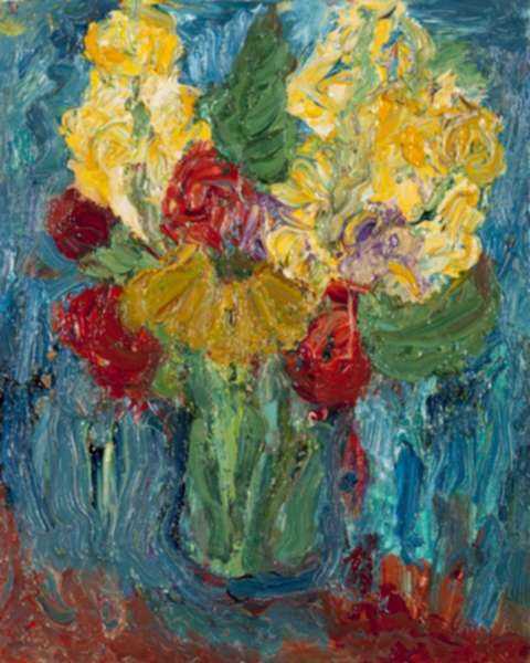 Painting by Betty Herbert: Flowers with Blue, represented by Childs Gallery