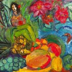 Painting by Betty Herbert: Lady with Fruits, Pineapple, represented by Childs Gallery