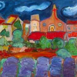Painting by Betty Herbert: The Church and Lavender Fields, represented by Childs Gallery
