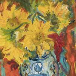 Painting By Betty Herbert: Yellow Flowers In Blue Vase At Childs Gallery