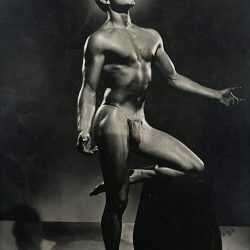 Photograph by Bob Mizer: [Male nude standing on one leg], available at Childs Gallery, Boston