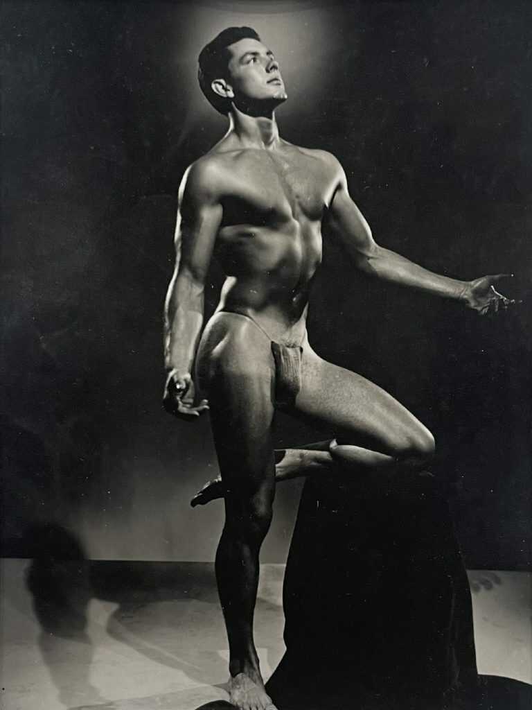 Photograph by Bob Mizer: [Male nude standing on one leg], available at Childs Gallery, Boston