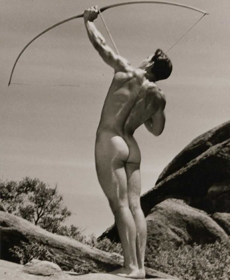 Photograph by Bob Mizer: [Unidentified Model Posing with a Bow and Arrow], available at Childs Gallery, Boston