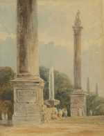 Watercolor By British School: Garden View With Classical Columns And Fountain At Childs Gallery