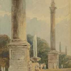 Watercolor By British School: Garden View With Classical Columns And Fountain At Childs Gallery