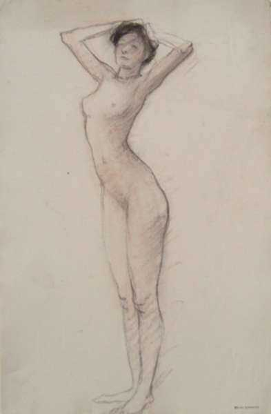Drawing by Bryson Burroughs: [Nude with Raised Arms, Academic Study], represented by Childs Gallery