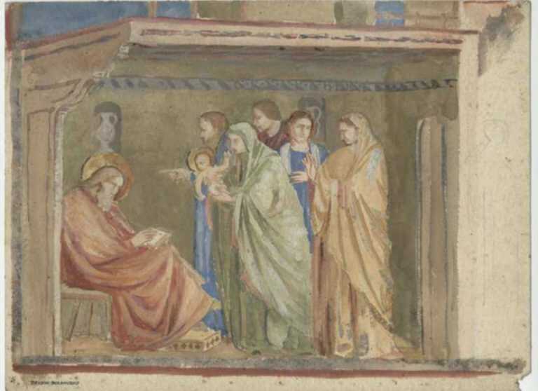 Drawing by Bryson Burroughs: Birth and Naming of the Baptist, Panel 1 [after Giotto di Bo, represented by Childs Gallery