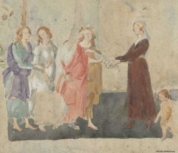 Drawing by Bryson Burroughs: Venus and the Three Graces Presenting Gifts to a Young Woman, represented by Childs Gallery