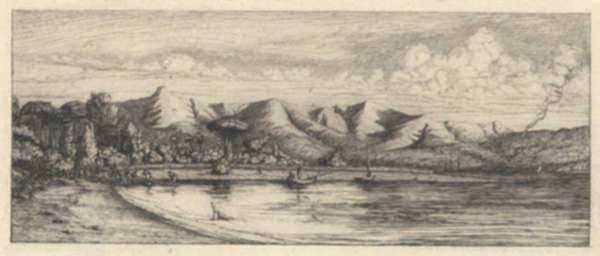 Print by Charles Meryon: Presqu'ile de Banks, Pointe des Charbonniers, Akaroa [New Ze, represented by Childs Gallery