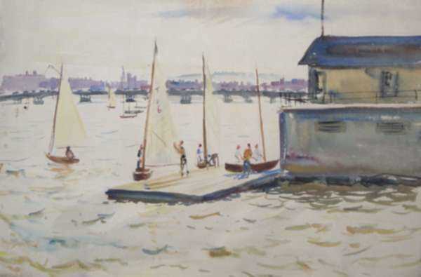 Watercolor by Charles P. Demetropoulos: [Boathouse], represented by Childs Gallery