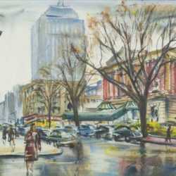 Watercolor by Charles P. Demetropoulos: [Newbury Street, Bonwit Teller], represented by Childs Gallery