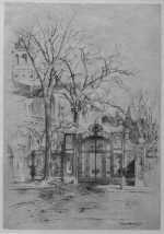 Print By Charles Woodbury: [gates Of Harvard] At Childs Gallery