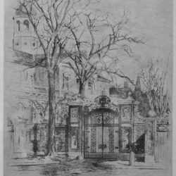Print By Charles Woodbury: [gates Of Harvard] At Childs Gallery