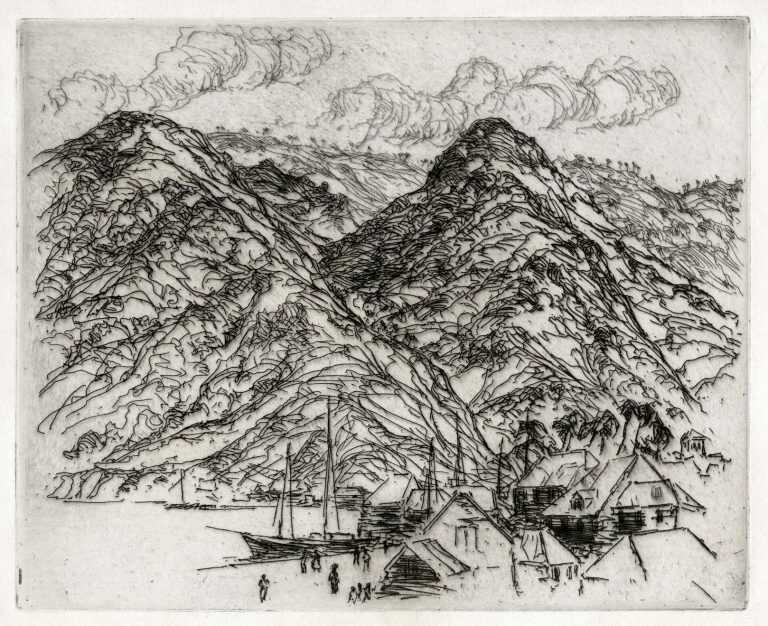 Print By Charles Woodbury: Tropical Port St. Lucia At Childs Gallery