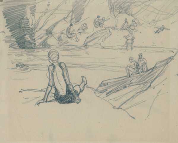 Drawing by Charles Woodbury: Women on the Rocks, or Bathers, represented by Childs Gallery
