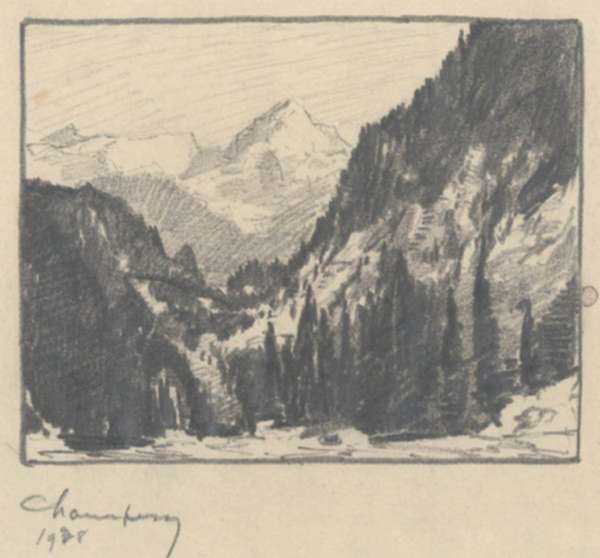 Drawing by Chauncey Ryder: [Tree-Lined Valley], represented by Childs Gallery