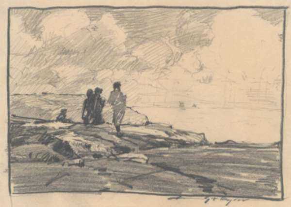 Drawing by Chauncey Ryder: [Walking on Cape Porpoise, Maine], represented by Childs Gallery