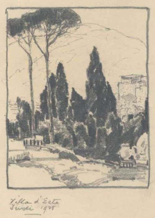 Drawing by Chauncey Ryder: Villa d'Este, Tivoli [Italy], represented by Childs Gallery