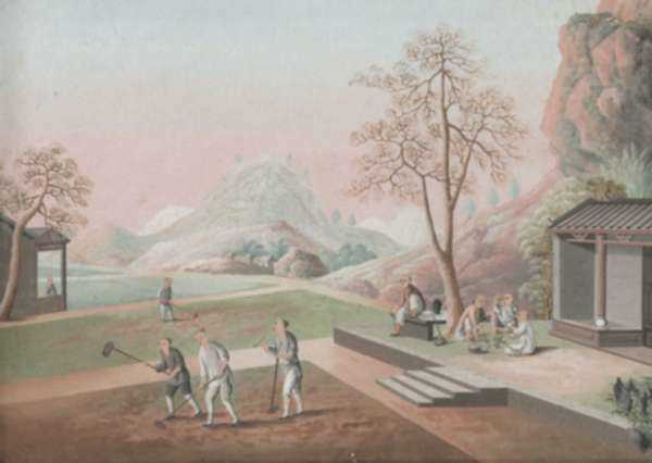 Watercolor by Chinese School: Gardeners Working on a Chinese Estate, represented by Childs Gallery