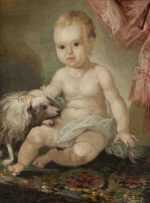 Painting by Christian Gullager: Portrait of a Baby with a Dog, represented by Childs Gallery