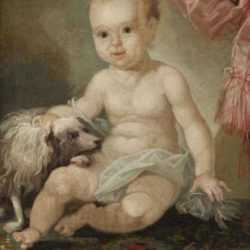 Painting by Christian Gullager: Portrait of a Baby with a Dog, represented by Childs Gallery