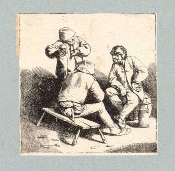 Print by Cornelis Pietersz Bega: The Three Drinkers, represented by Childs Gallery
