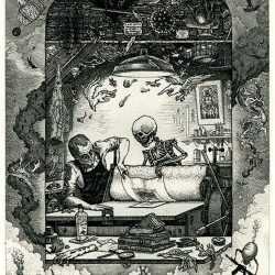 Print by David Avery: Death and the Printmaker, available at Childs Gallery, Boston