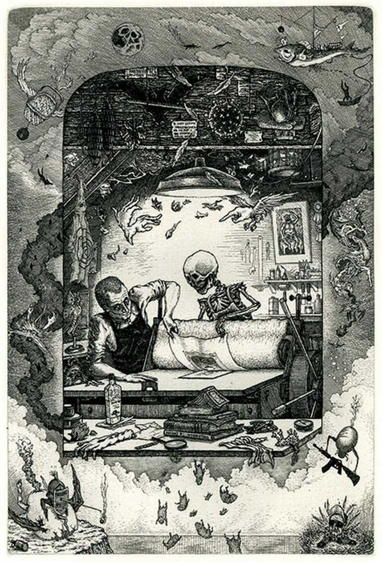 Print by David Avery: Death and the Printmaker, available at Childs Gallery, Boston