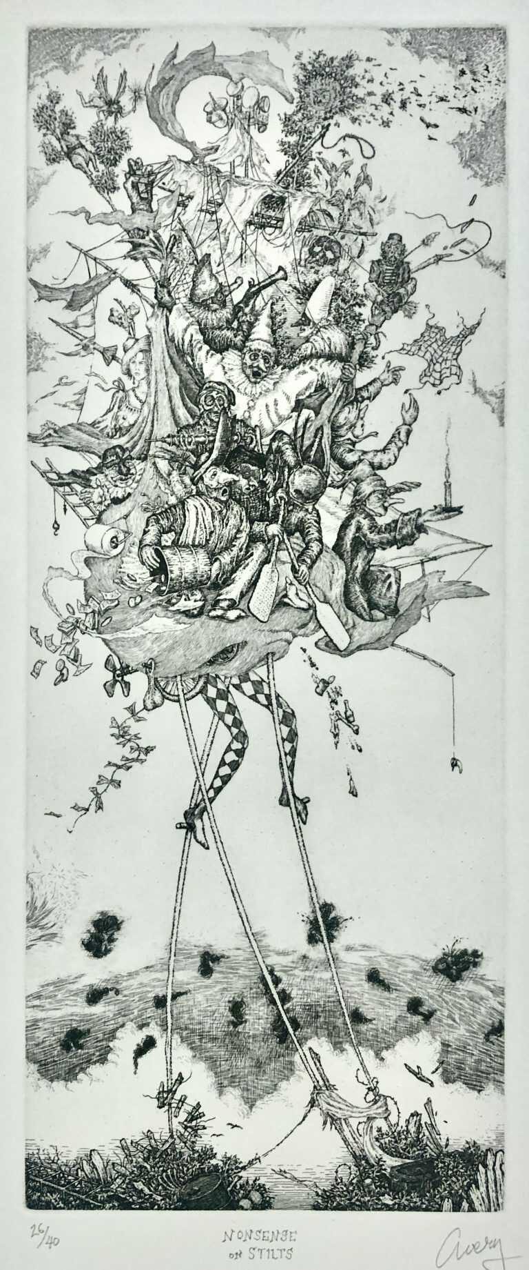 Print by David Avery: Nonsense on Stilts, available at Childs Gallery, Boston