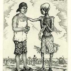 Print by David Avery: The Young Man and Death, available at Childs Gallery, Boston