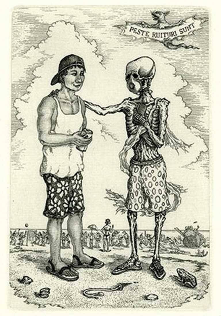 Print by David Avery: The Young Man and Death, available at Childs Gallery, Boston