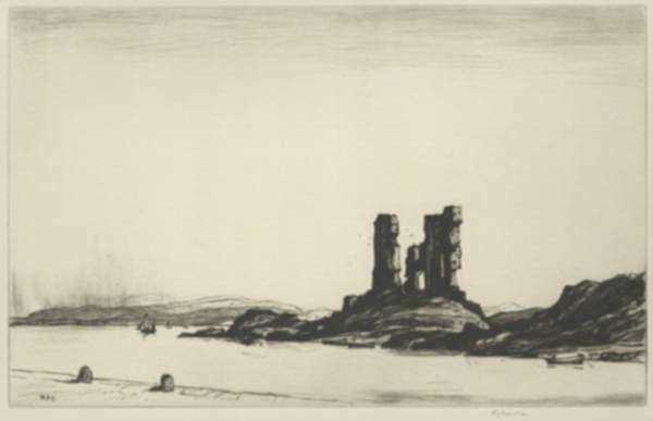 Print by David Young Cameron: Castle Moyle [Scotland], represented by Childs Gallery