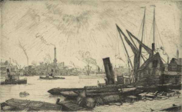 Print by Douglas Ian Smart: Thames Derelicts [London, England], represented by Childs Gallery