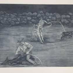 Print by E. Lombardo: The Rodeo: Plate 27 – The celebrated cowboy ropes the fierce beast, available at Childs Gallery, Boston
