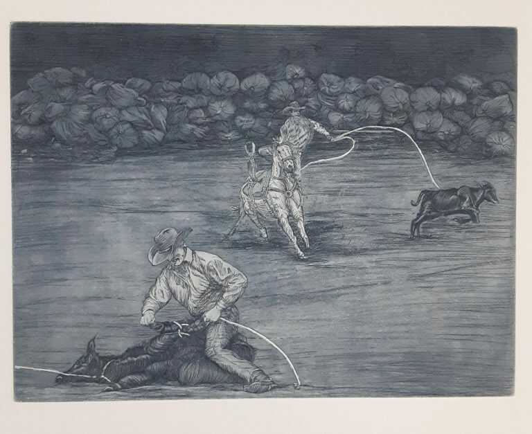 Print by E. Lombardo: The Rodeo: Plate 27 – The celebrated cowboy ropes the fierce beast, available at Childs Gallery, Boston