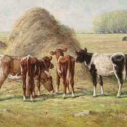 Painting by Edward Burrill Jr.: [Grazing Cattle by a Haystack], represented by Childs Gallery