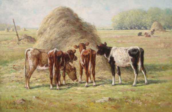 Painting by Edward Burrill Jr.: [Grazing Cattle by a Haystack], represented by Childs Gallery