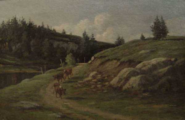 Painting by Edward Burrill Jr.: Cattle Going Home, represented by Childs Gallery