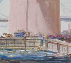 Watercolor By Edward Vance Warren: Swimming, Brooklyn Bridge Looking To Manhattan Bridge At Childs Gallery