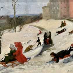 Painting by Elizabeth Campbell Fisher Clay: [Beacon Hill Sledding Scene], available at Childs Gallery, Boston