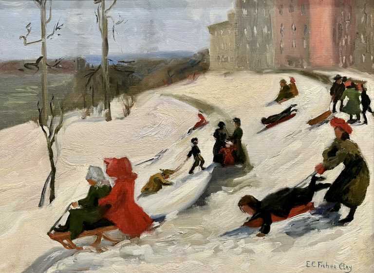Painting by Elizabeth Campbell Fisher Clay: [Beacon Hill Sledding Scene], available at Childs Gallery, Boston