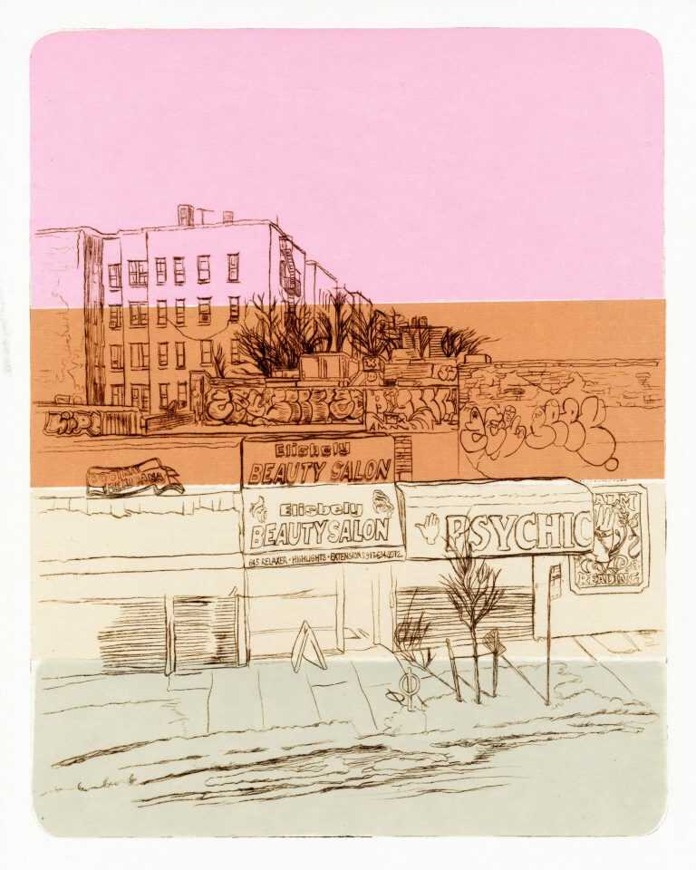 Print by Emily Lombardo: Bronx Beginning: High in the Sky, available at Childs Gallery, Boston