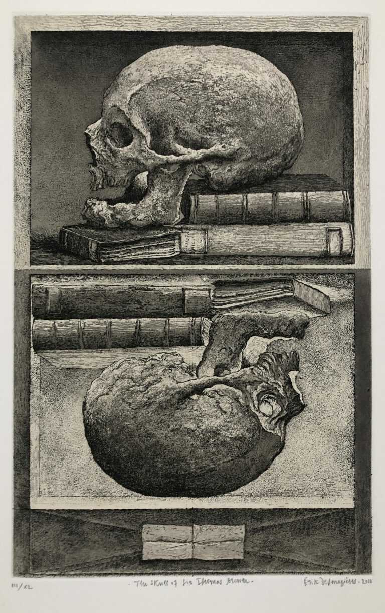 Print by Erik Desmazières: The Skull of Sir Thomas Browne, available at Childs Gallery, Boston